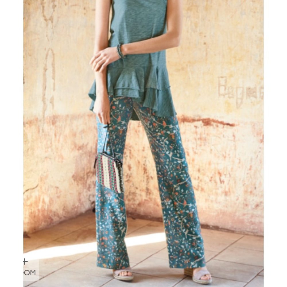 Peruvian Connection Teal Moorea Trousers Birds Mul